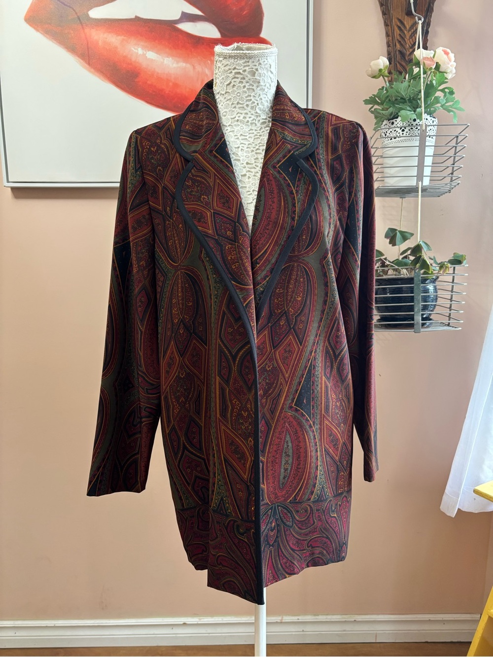 Vintage Burgundy Paisley Long Blazer with Black Trim